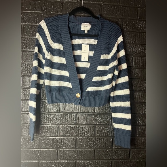 Pink Rose Blue and White Striped Cardigan Sweater - Picture 1 of 9